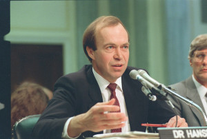 Dr. Jim Hansen, director of NASA's Goddard Institute for Space Studies in New York, testifies before a Senate Transportation subcommittee on Capitol Hill in Washington, D.C., Monday, May 9, 1989.  Hansen told the committee that the Office of Management and Budget forced him to contradict, within his own prepared statement, his findings that a buildup of greenhouse effect gases would increase the likelihood of drought.  (AP Photo/Dennis Cook)